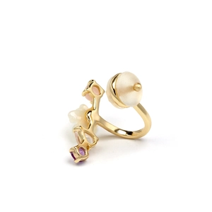 Elegant gold-plated open ring featuring a crystal flower and a frosted opal-like bead