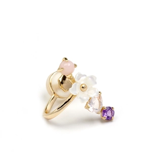 Elegant 925 sterling silver gold-plated ear cuff with shell flower and mixed gemstones
