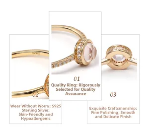 Detail view of pink crystal gold-plated silver ring with side-set micro diamonds
