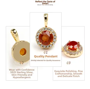 Detail view of S925 sterling silver pendant with orange gemstone and cubic zirconia