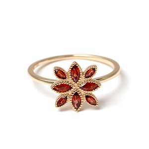 Vintage 925 silver gold-plated ring with red pomegranate flower motif and milgrain finish
