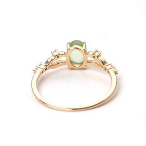 925 silver gold-plated ring with oval green prehnite stone and side zircon accents
