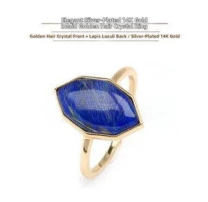 Macro detail of hexagonal rutilated quartz and lapis lazuli on 14K gold plated silver ring