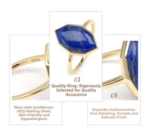 Detail of S925 sterling silver ring with hexagonal lapis lazuli and gold finish
