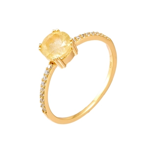 Bague luxueuse en argent S925 avec quartz rutilé jaune et détails en zircone