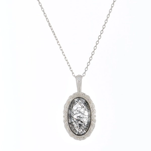S925 Sterling Silber Halskette mit ovalem schwarzen Rutilquarz-Anhänger
