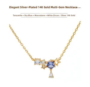 Dettaglio macro della collana in argento S925 placcato oro con tanzanite e adularia