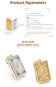 Macro detail of vintage style book locket pendant with colorful gemstones and 14K gold plating