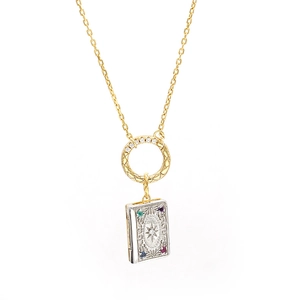 Japanese vintage openable book pendant necklace with multi-color gems in gold finish