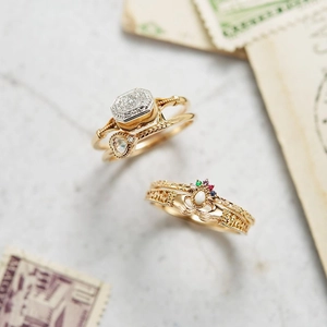 Vintage-Ring-Set aus 925er Silber vergoldet mit Naturachat und bunten Edelsteinen