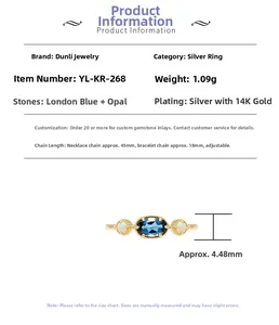 Vue détaillée d'une bague en argent plaqué or avec Topaze Blue London et Opales
