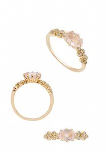 Three-angle views of an elegant S925 silver ring with oval pink crystal and gold plating