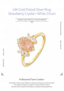 Macro shot of 14K gold plated silver ring featuring strawberry quartz and zircons