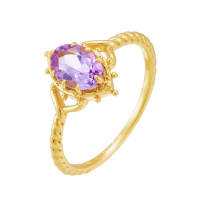 Antique style gold-plated crown ring with an oval purple amethyst and lace details