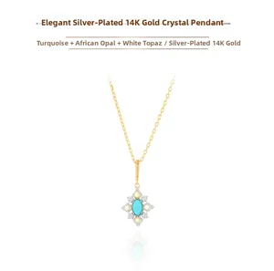 Detail of 14K gold plated silver necklace with turquoise, opal, and white topaz pendant