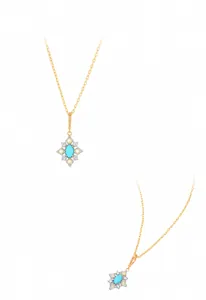 Detailed view of S925 silver gold-plated necklace featuring turquoise and pearl pendant