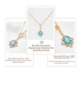 Detail of S925 sterling silver turquoise pendant necklace with opal and diamond accents