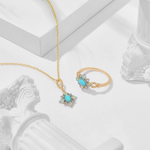 Elegant S925 gilded silver jewelry set with turquoise pendant and matching floral ring