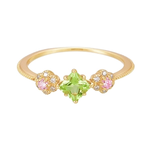 Luxurious S925 gilded flower ring with green peridot and pink stones on white background