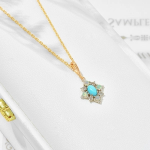 Vintage S925 gilded necklace with natural turquoise and opal floral pendant