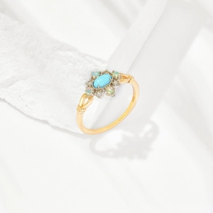 Vintage S925 silver gold-plated ring with turquoise and opal stones in floral pattern