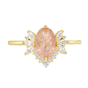 Luxurious S925 silver ring with oval pink sunstone and marquise zircon accents