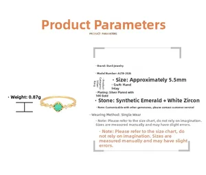 Macro view of gold-plated silver ring with synthetic emerald and cubic zirconia detail