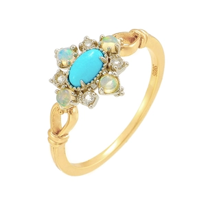 Vintage 925 Sterling Silver Ring With Natural Turquoise And African Opal Gold Plated Flower Rhombus Jewelry For Women Party Gift
