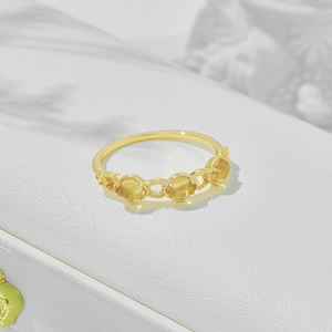 Retro 14K gold plated 925 silver ring with three oval yellow citrine gemstones