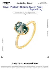 Detail of s925 silver 14k gold plated ring with oval natural moss agate in 4-prong setting