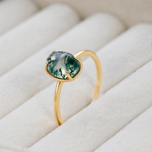 S925 sterling silver gold plated ring with oval natural moss agate in four-prong setting