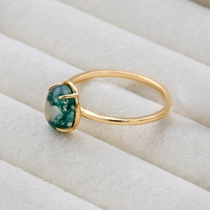 S925 silver gold plated ring with natural moss agate stone in a velvet jewelry box
