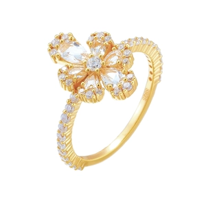Anello S925 Argento Sterling Topazio Bianco Cluster di Fiori Placcato Oro Zirconia Raffinato Floreale per Donna Regalo