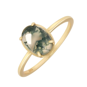 Elegant S925 sterling silver gold-plated ring with oval green moss agate gemstone