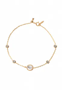 Macro view of S925 sterling silver gold plated bracelet with white shell and zircons