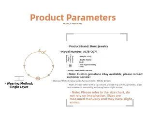 Detailed spec sheet for rose gold silver bracelet with white crystal and aurora shell