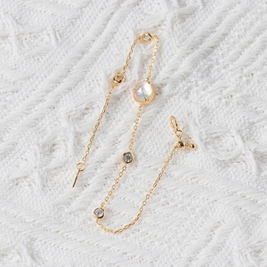Elegant gold threader earrings featuring white mother-of-pearl and crystal stones