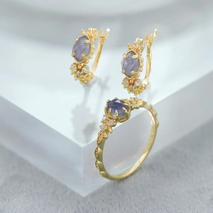 Vintage S925 silver jewelry set with iolite stones and ring with small white crystals