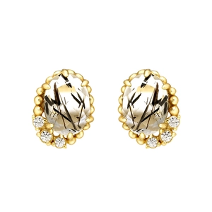 Elegantes pendientes ovalados de oro con cuarzo rutilado natural y pequeños diamantes