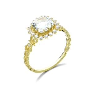 Luxe gouden ring met een kussengeslepen topaas in halo-zetting en een geweven banddesign