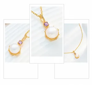 Dettaglio della collana in argento S925 placcato oro con perla bianca e ametista viola