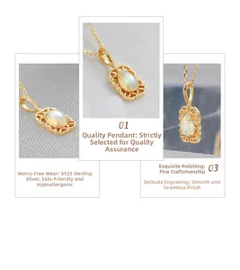 Detailed macro view of S925 silver 14K gold plated pendant with oval opal gemstone