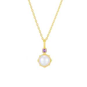 Elegante collana placcata oro 14K con grande perla bianca e ametista viola dalla forma quadrata
