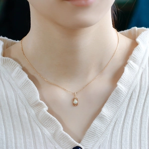 Retro S925 silver 14K gold plated pendant necklace featuring teardrop opal stone