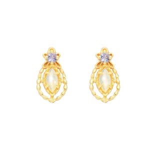 Retro 14K gold plated silver earrings with round purple gem and oval opal stones