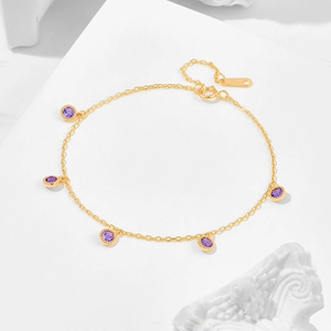 Retro S925 sterling silver gold plated bracelet with five round purple gemstones