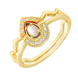Juego de Anillos Vintage de Plata de Ley S925 Bañado en Oro de 14K Cuarzo Ahumado para Mujer Zirconia Gota de Agua Doble Capa Banda de Ondas Joyería ALTB-2153