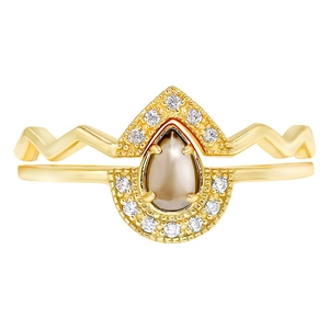 Conjunto de anillos en plata S925 bañada en oro 14k con cuarzo ahumado y circonitas