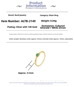 Detailed view of S925 silver 14K gold ring with emerald stone and 5.1mm measurement