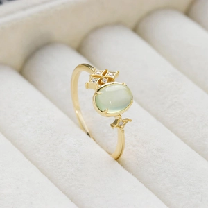 Elegant S925 silver 14K gold plated ring with oval green prehnite and tiny zircons